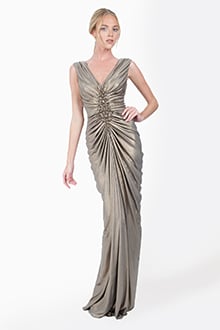 Metallic Jersey Draped V-Neck Gown in Smoke Pearl