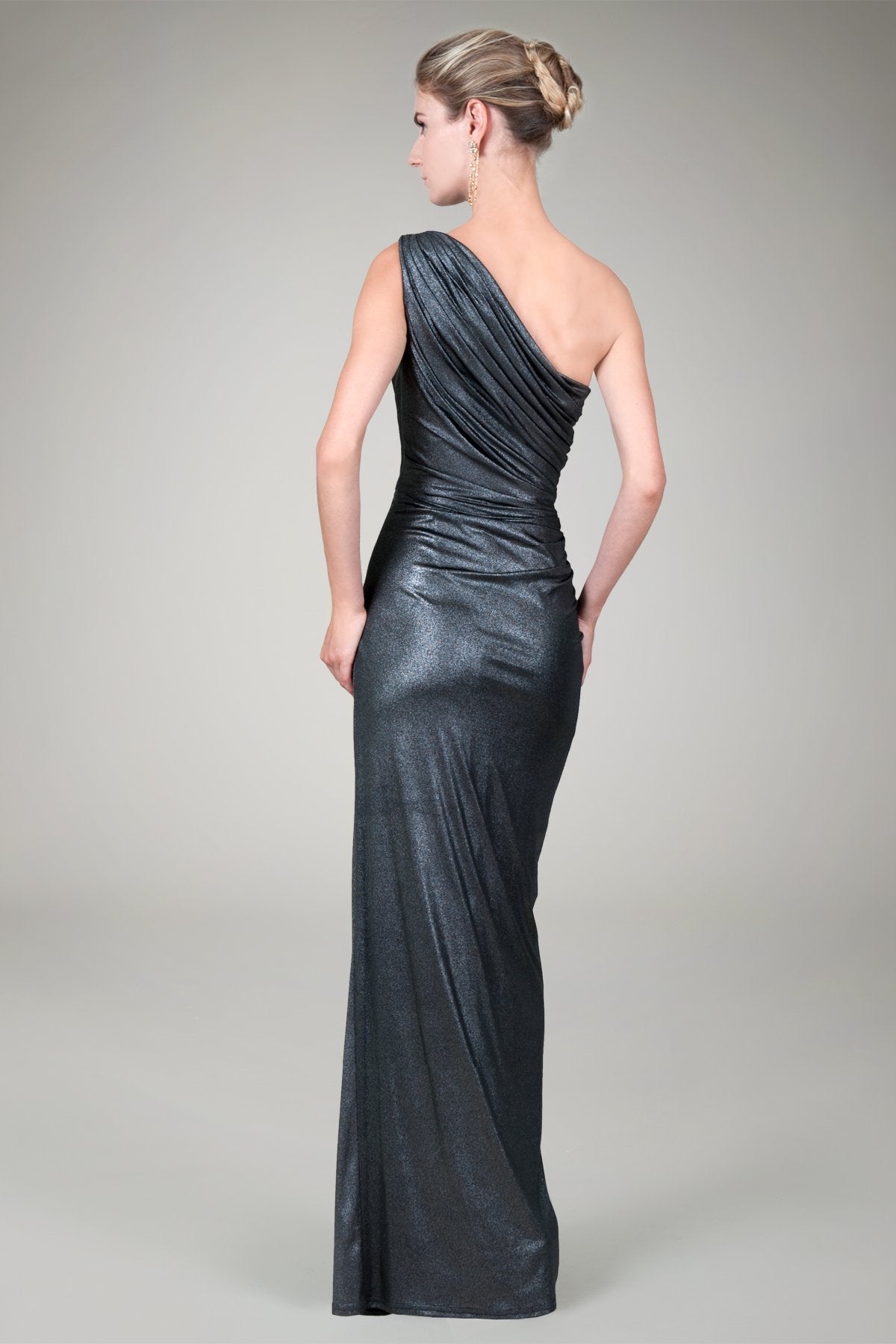 Foil Draped One Shoulder Gown in Gunmetal