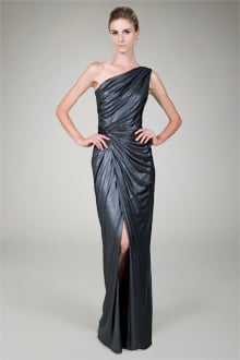 Foil Draped One Shoulder Gown in Gunmetal