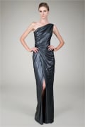 Foil Draped One Shoulder Gown in Gunmetal