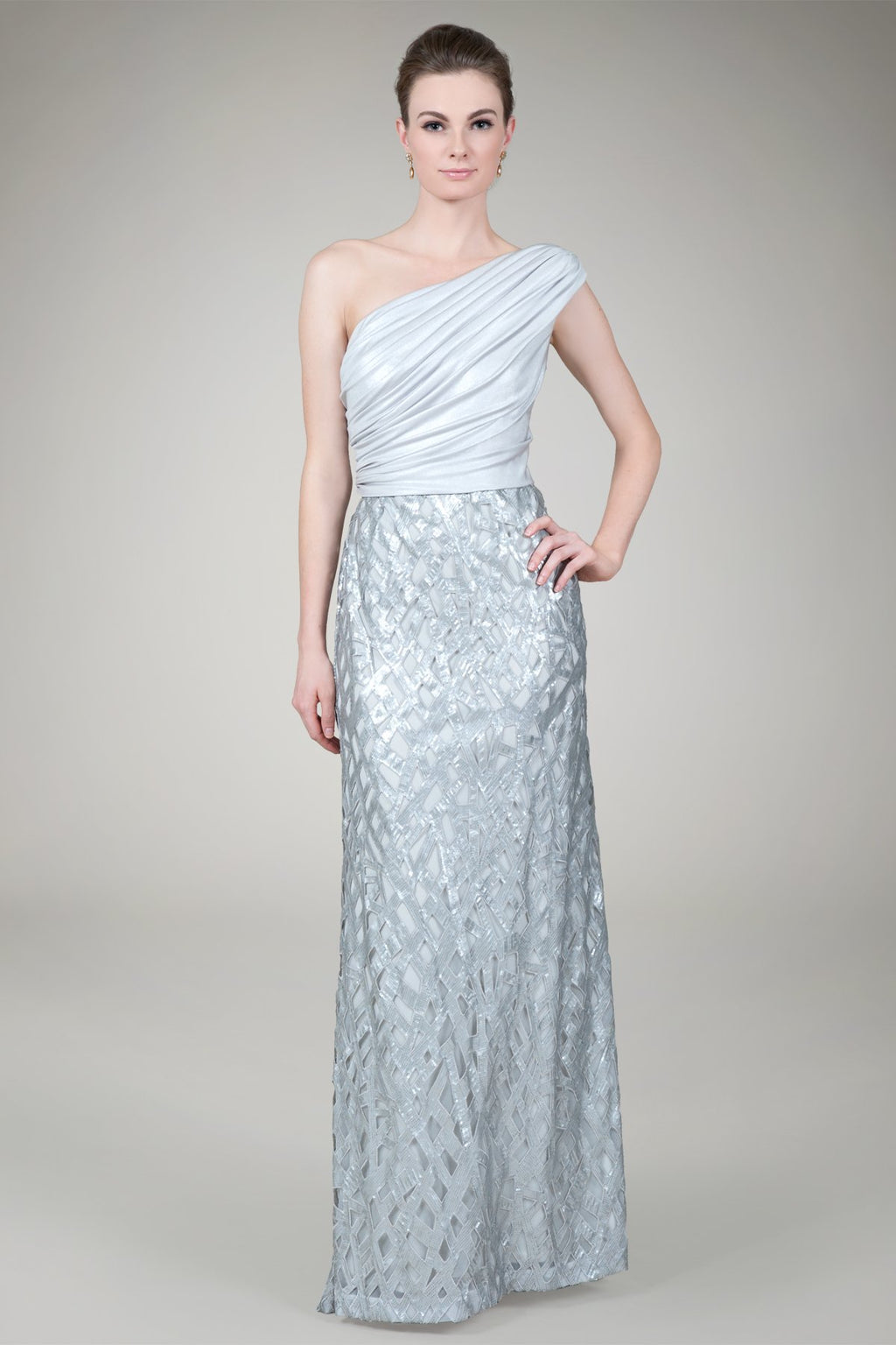Cut Out Paillette One Shoulder Gown in Antique