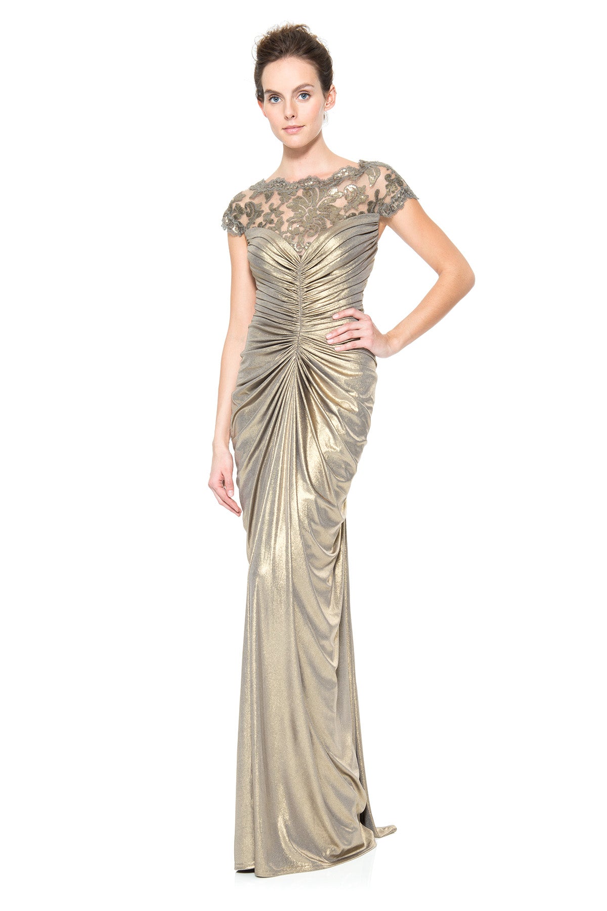 Ruched Front Metallic Jersey Gown