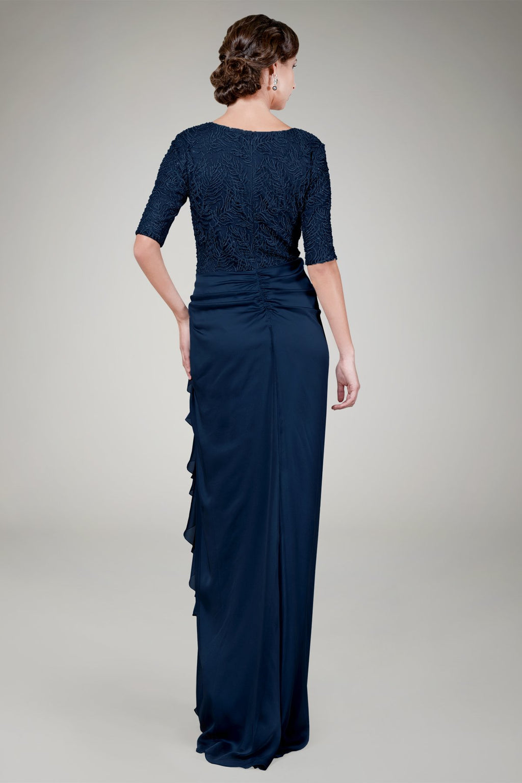 Beaded Iridescent Chiffon Gown in Navy