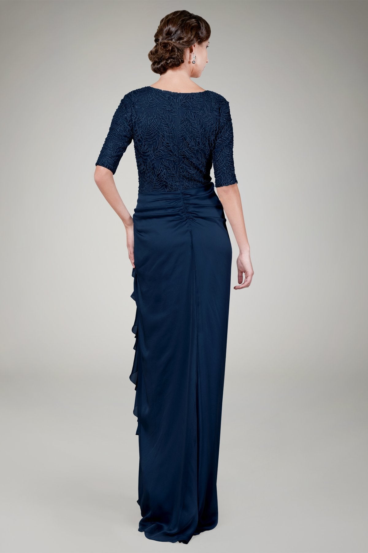 Beaded Iridescent Chiffon Gown in Navy