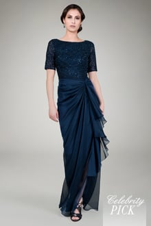 Beaded Iridescent Chiffon Gown in Navy
