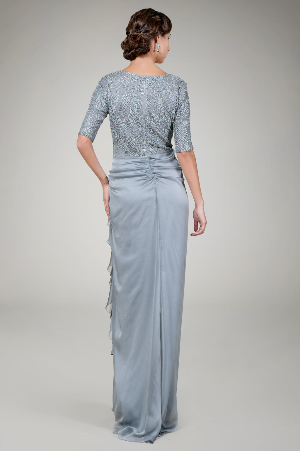 Beaded Iridescent Chiffon Gown in Opal Grey