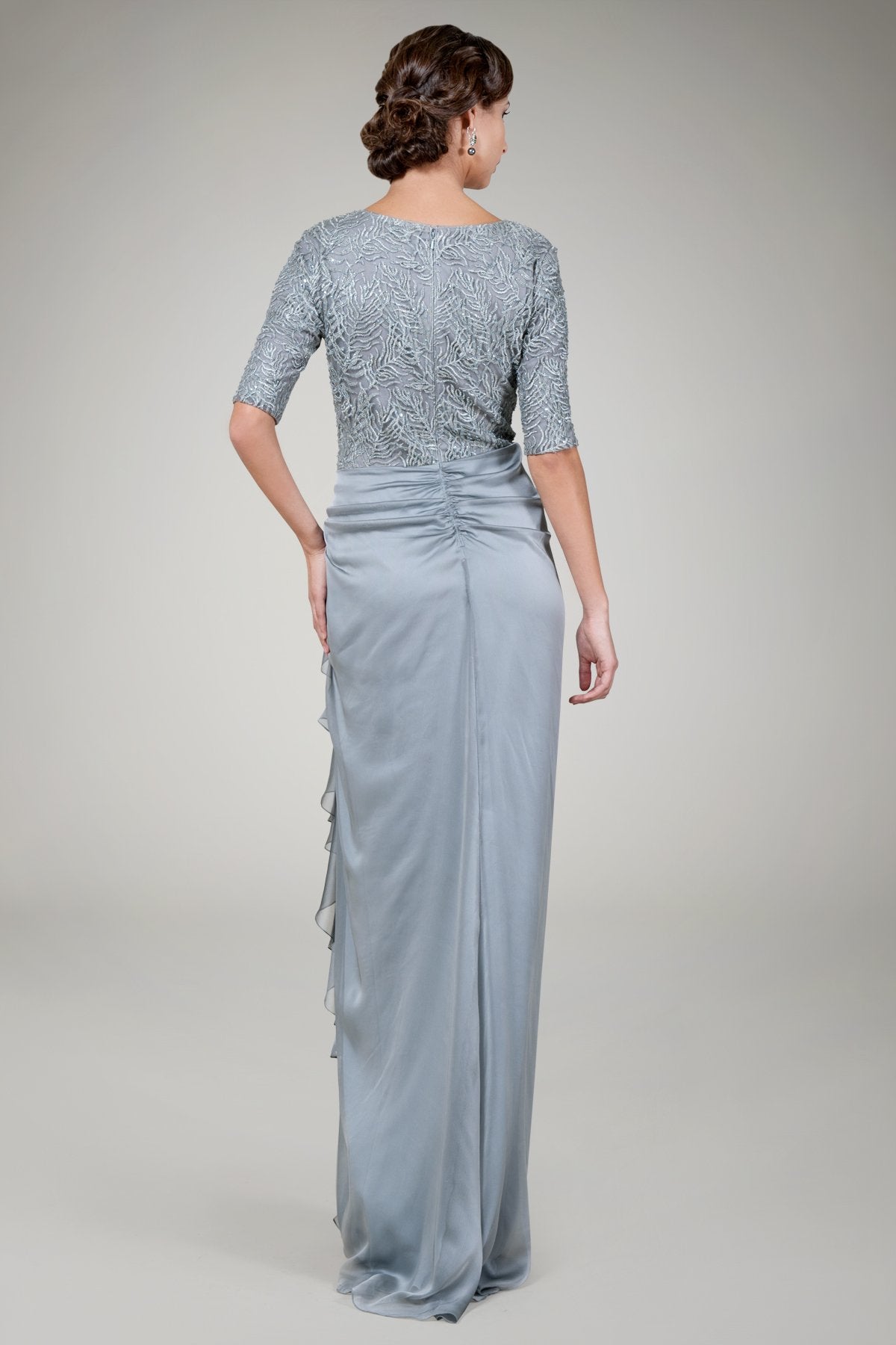 Beaded Iridescent Chiffon Gown in Opal Grey