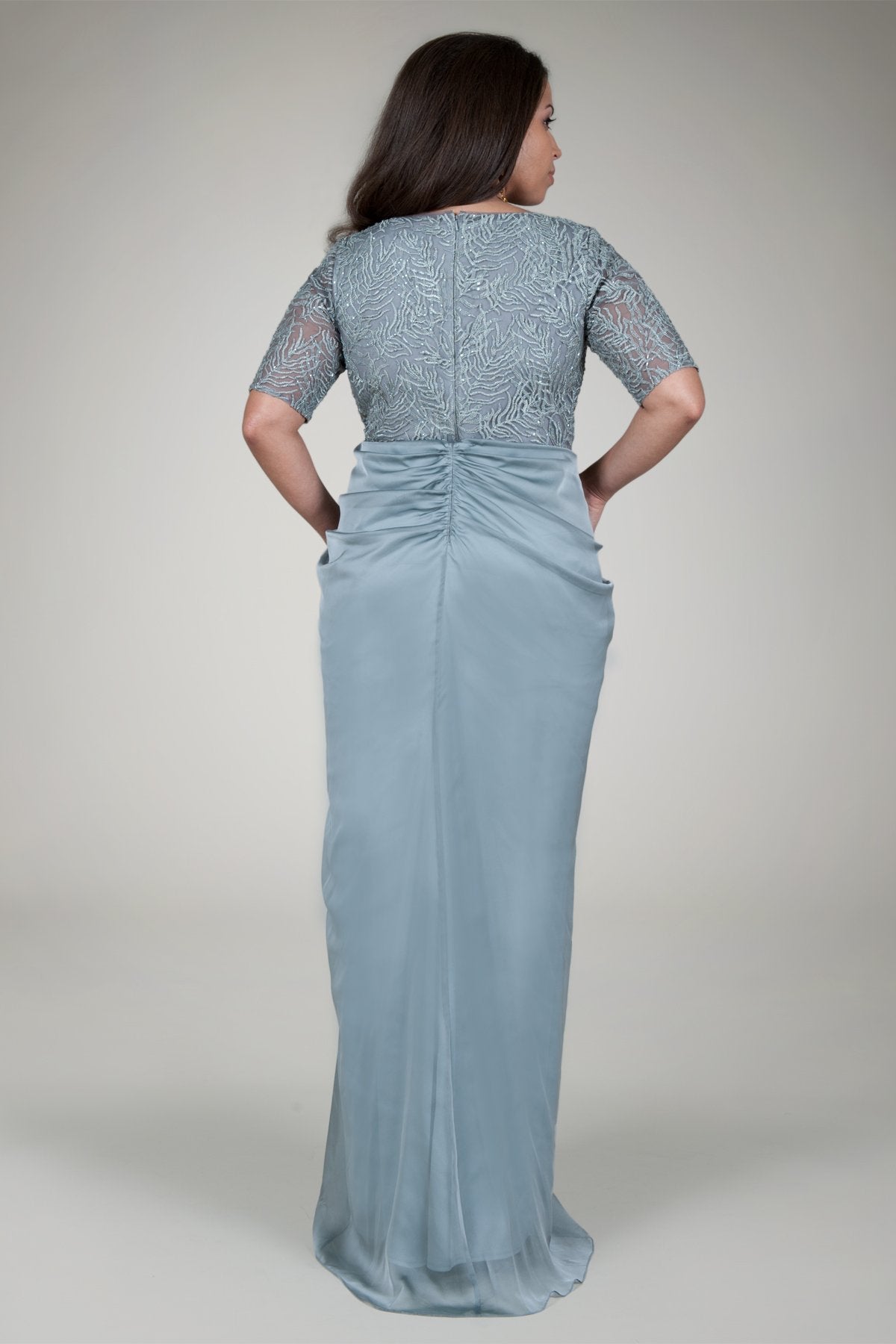 Beaded Iridescent Chiffon Gown in Opal Grey