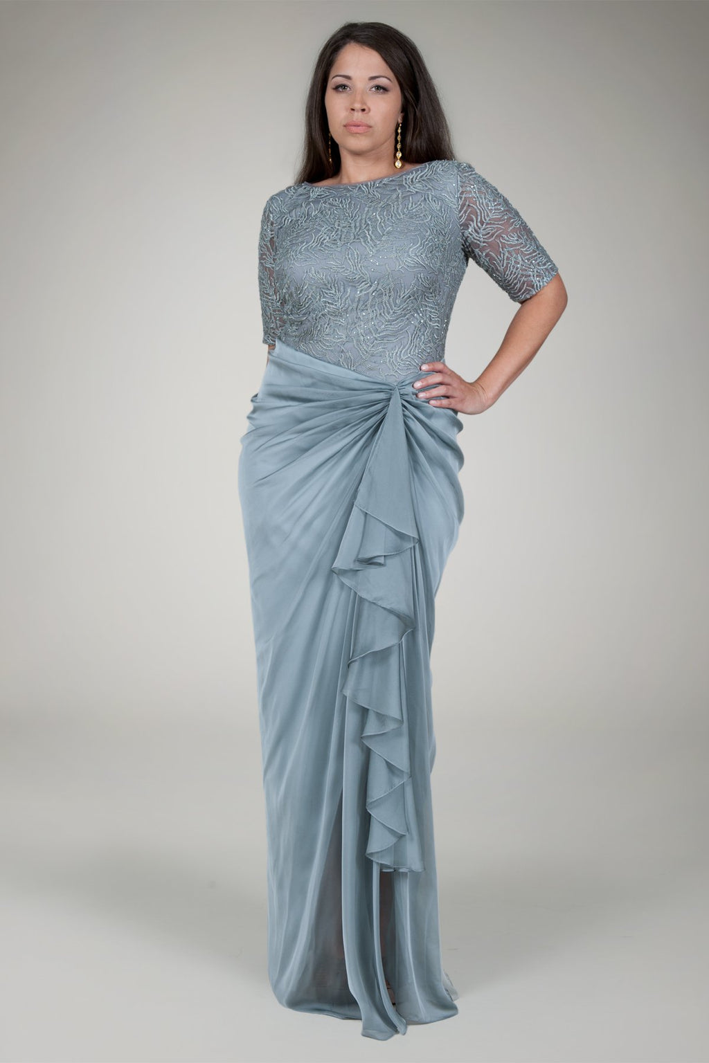 Beaded Iridescent Chiffon Gown in Opal Grey
