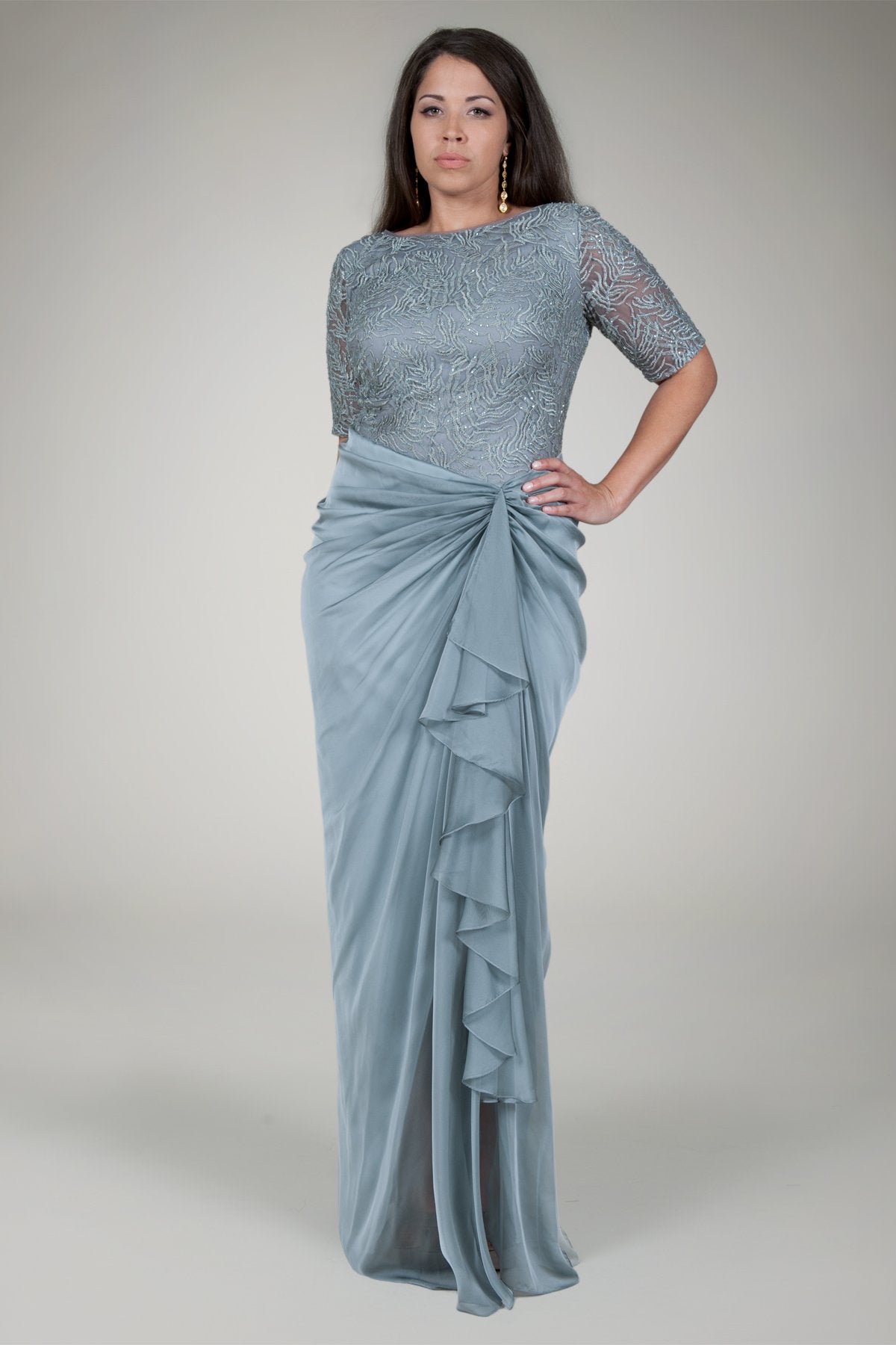 Beaded Iridescent Chiffon Gown in Opal Grey