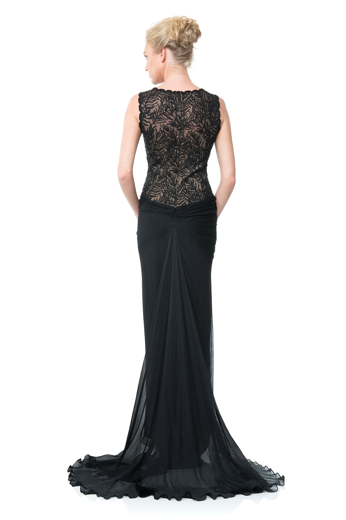 Beaded Crinkle Chiffon Gown