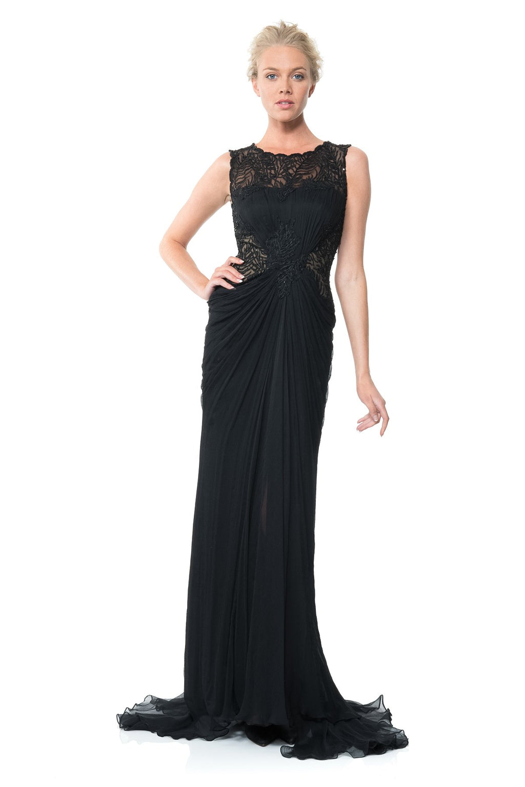 Beaded Crinkle Chiffon Gown