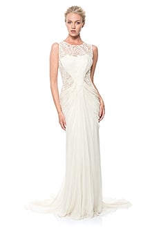 Beaded Crinkle Chiffon Gown in Cream