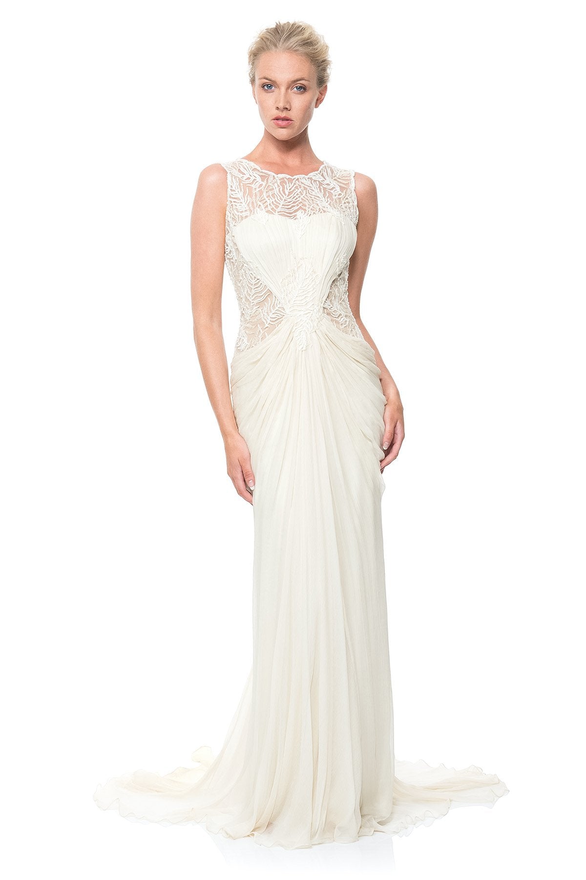 Beaded Crinkle Chiffon Gown in Cream