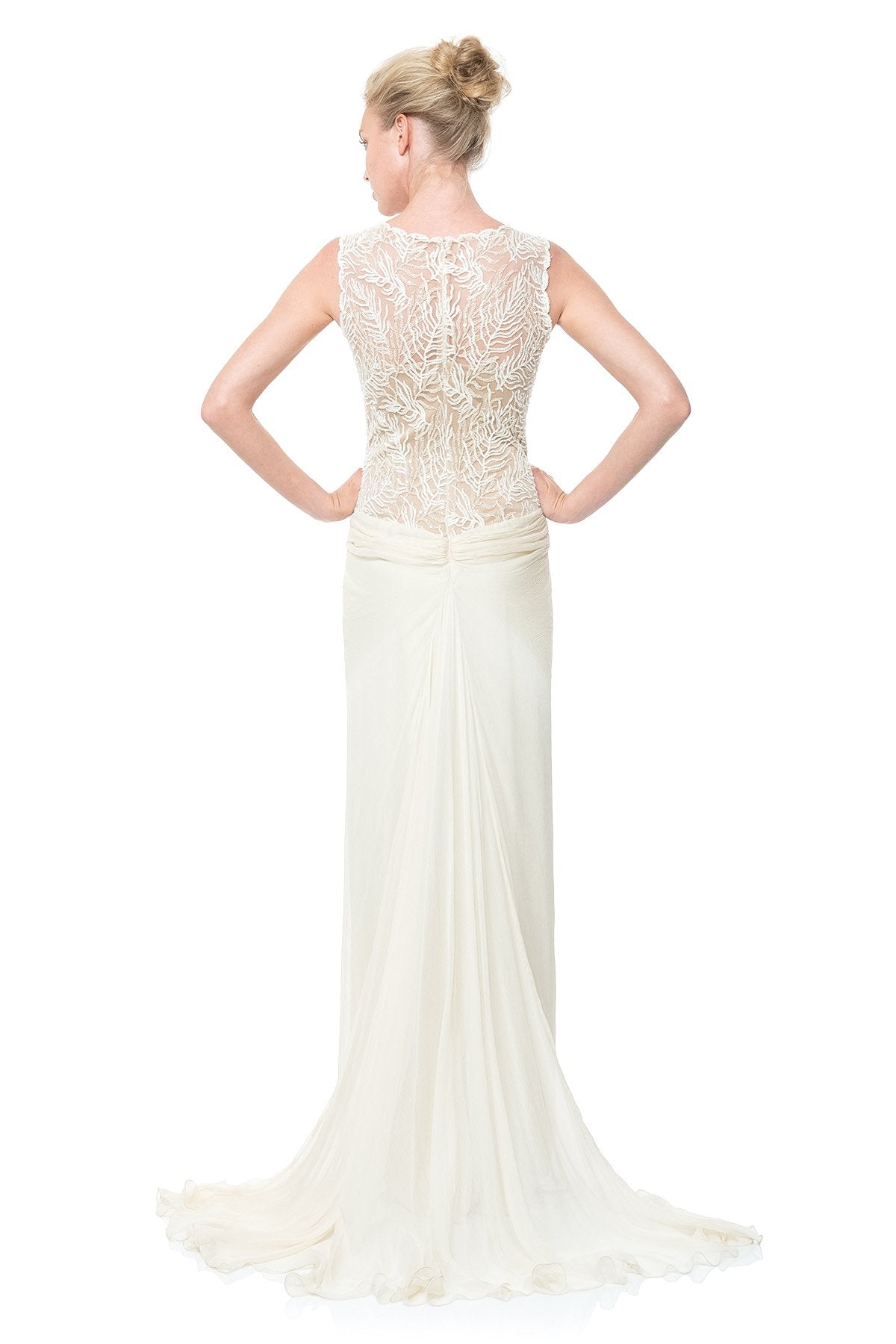 Beaded Crinkle Chiffon Gown in Cream