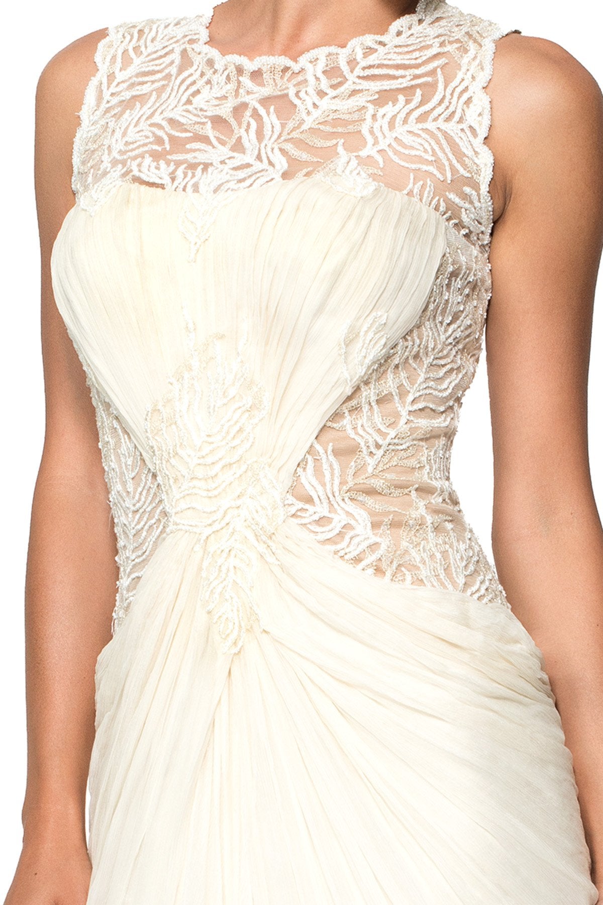 Beaded Crinkle Chiffon Gown in Cream