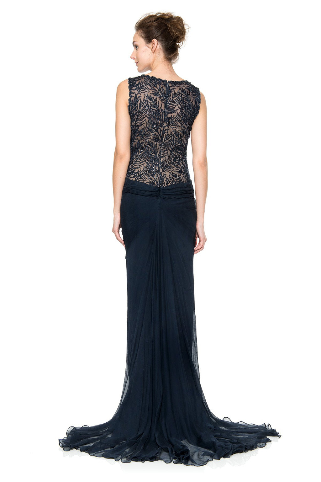 Beaded Crinkle Chiffon Gown in Navy