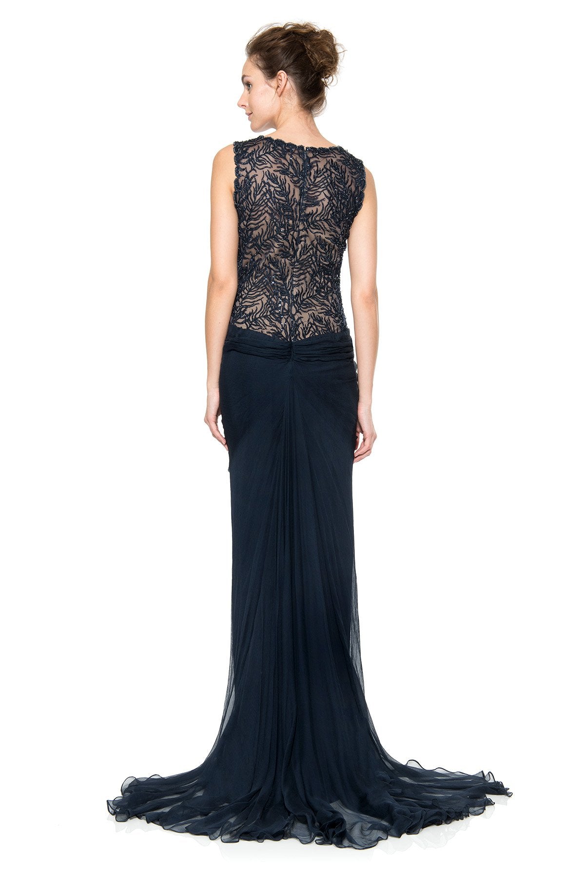 Beaded Crinkle Chiffon Gown in Navy