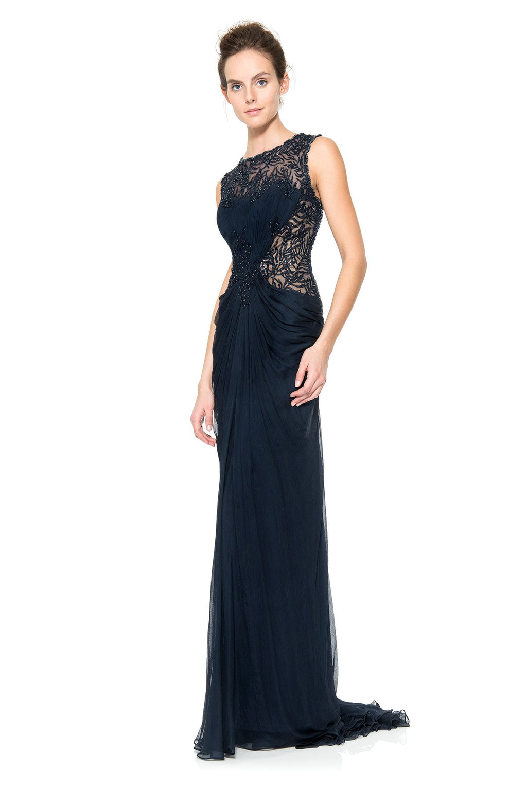 Beaded Crinkle Chiffon Gown in Navy