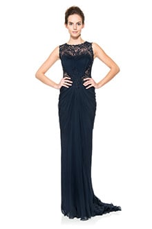 Beaded Crinkle Chiffon Gown in Navy