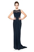 Beaded Crinkle Chiffon Gown in Navy