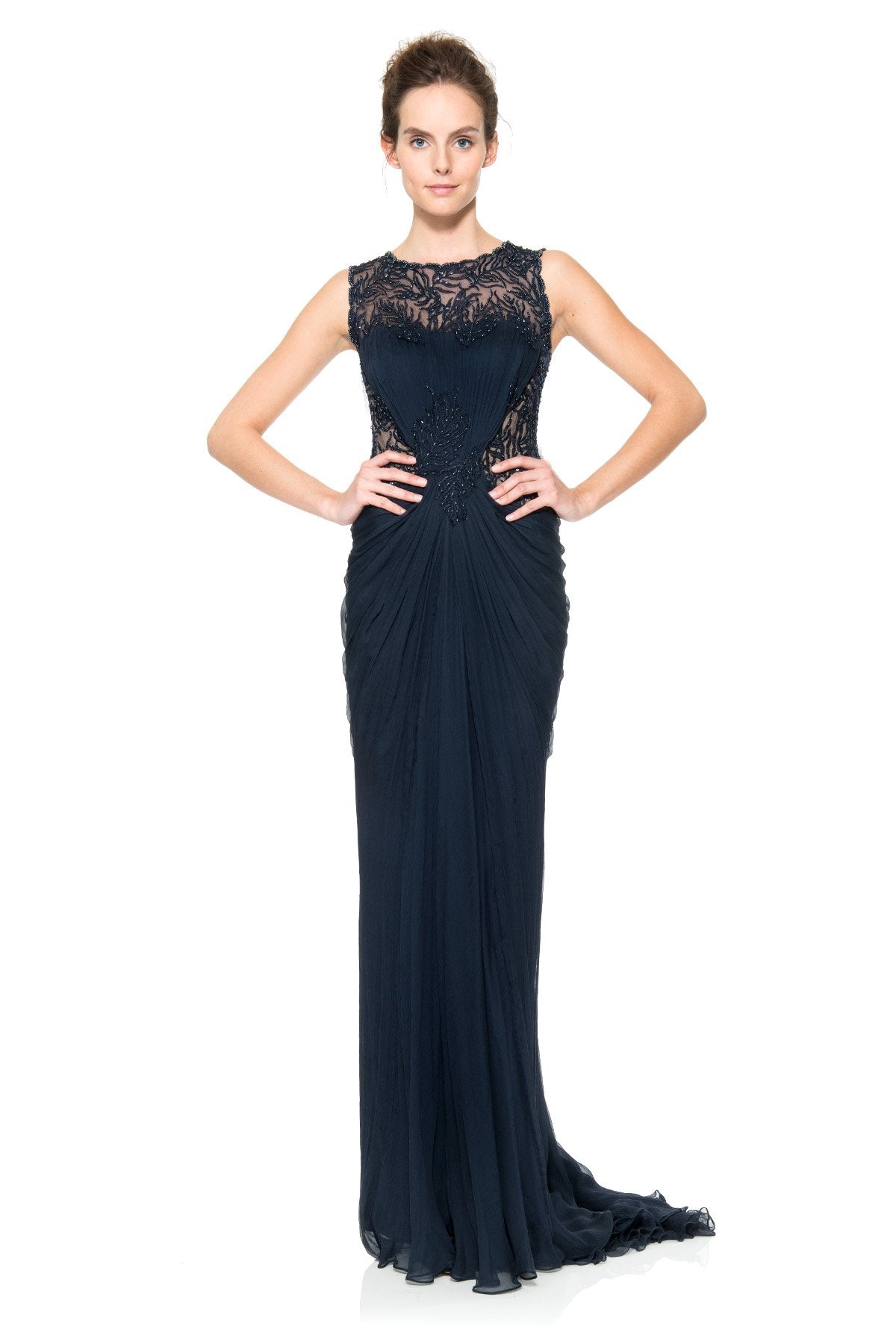 Beaded Crinkle Chiffon Gown in Navy