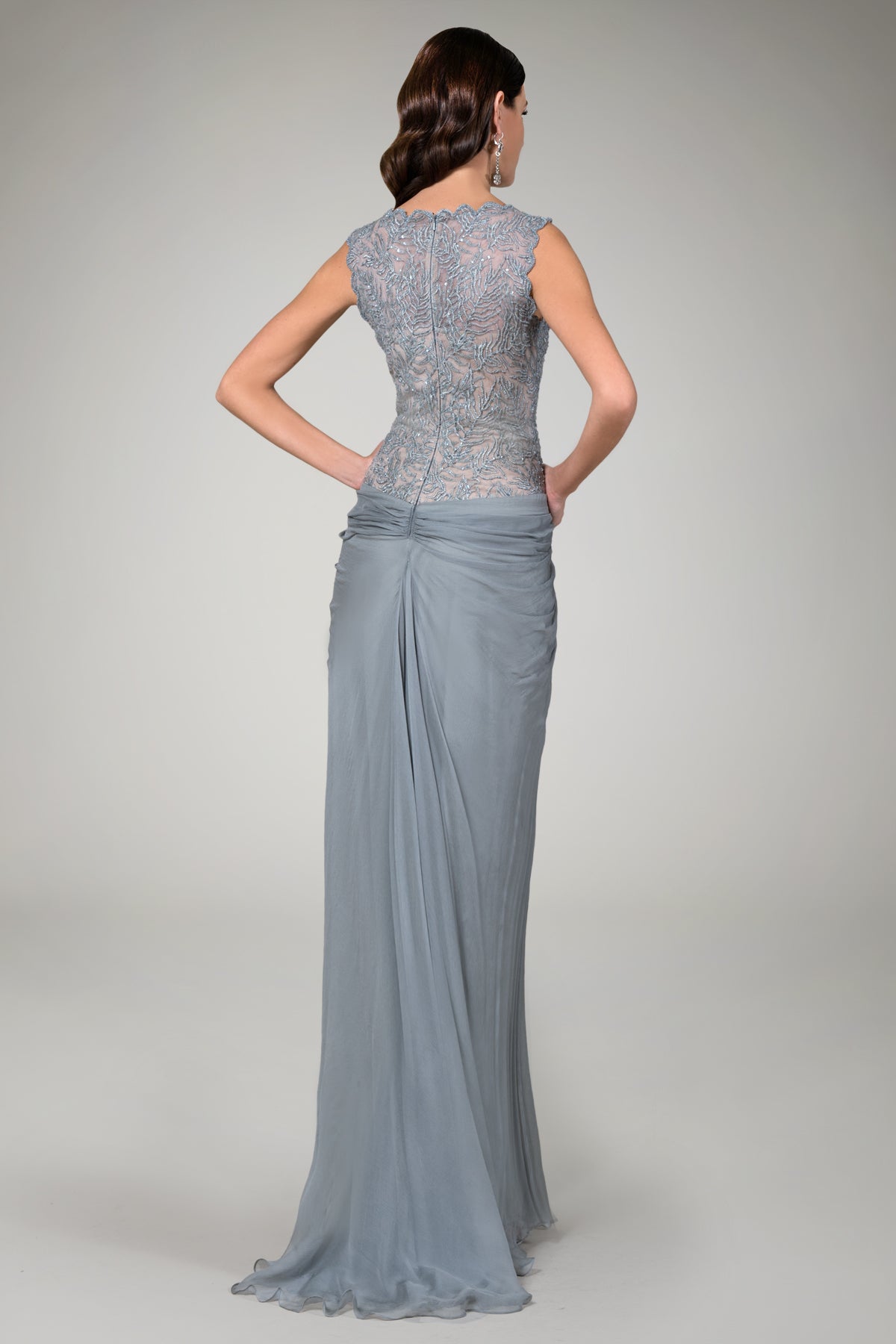 Beaded Crinkle Chiffon Gown in Opal Grey