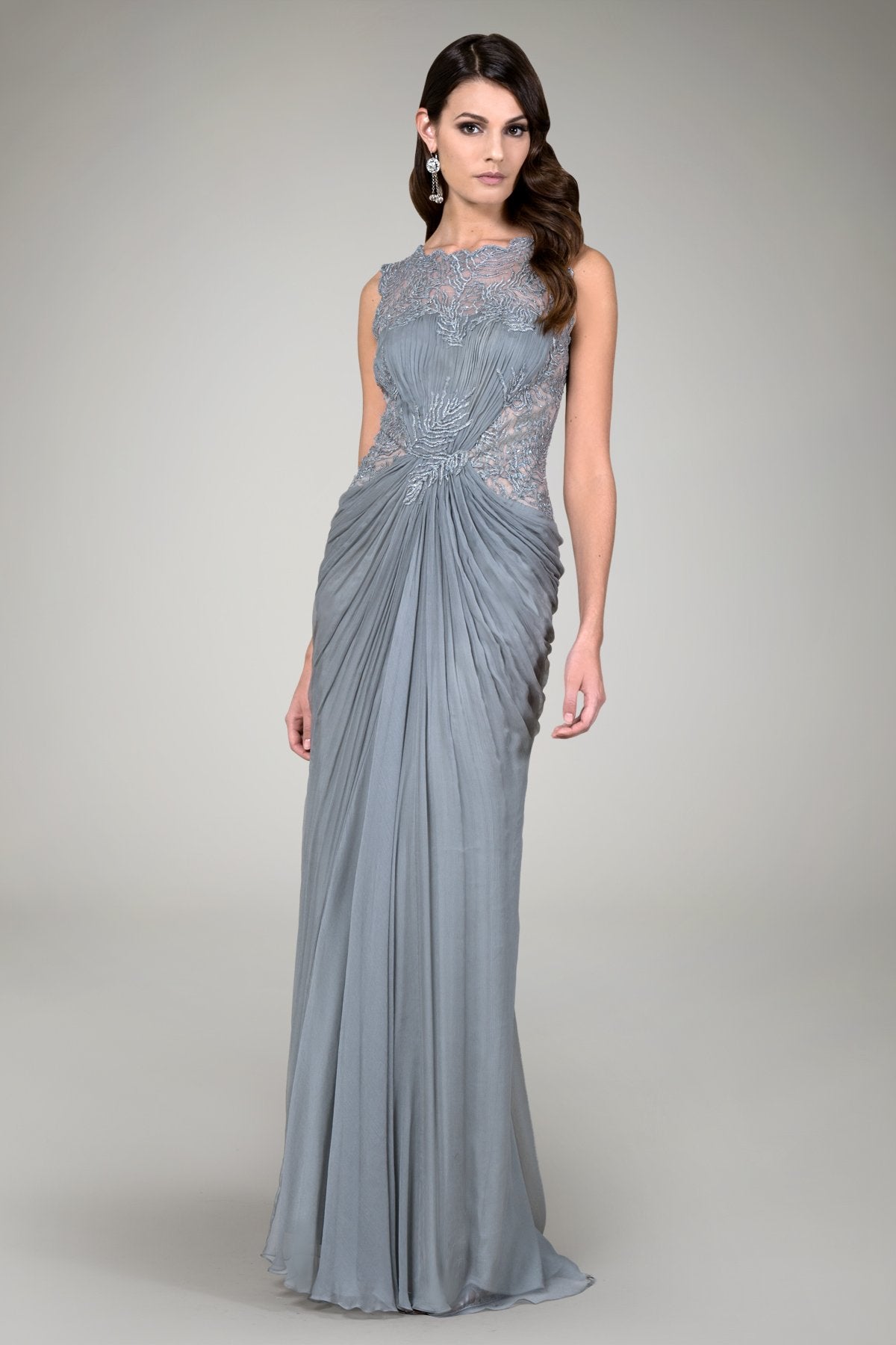 Beaded Crinkle Chiffon Gown in Opal Grey