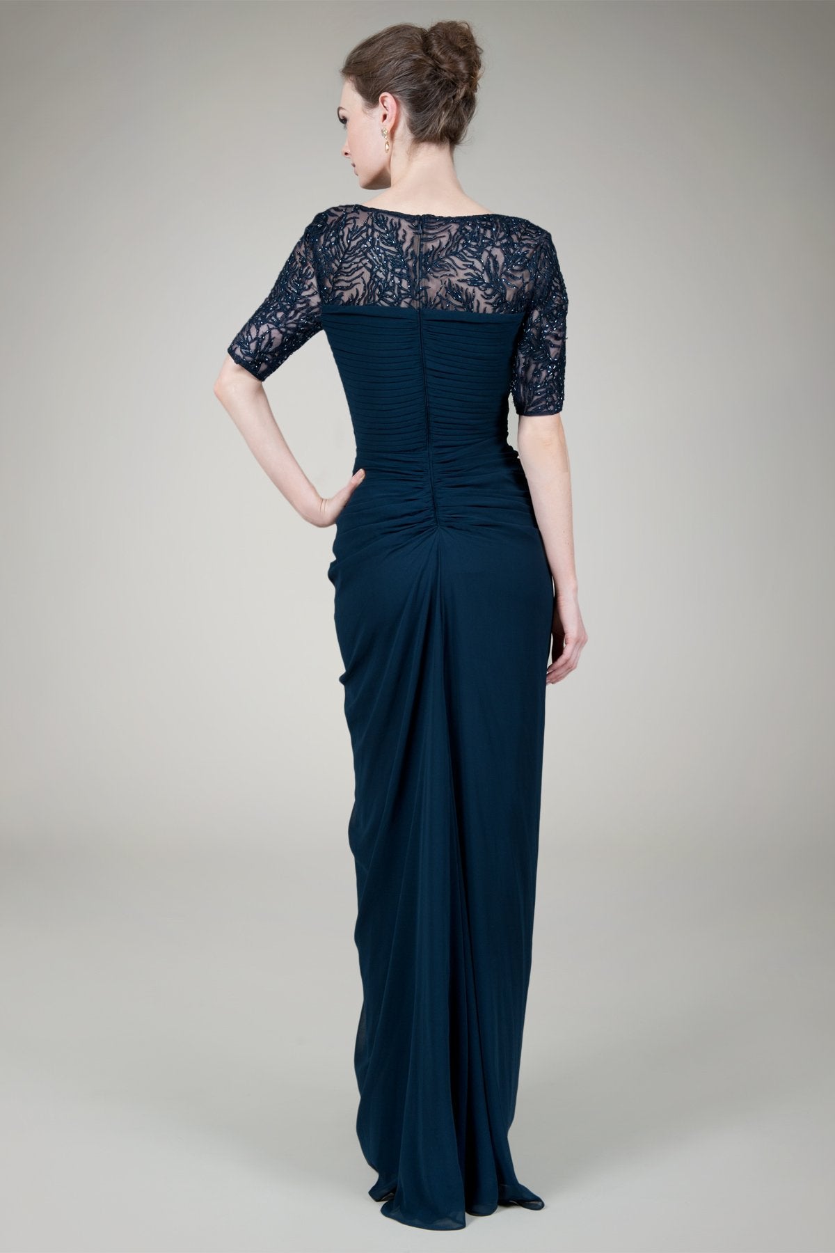 Beaded Chiffon Gown in Navy
