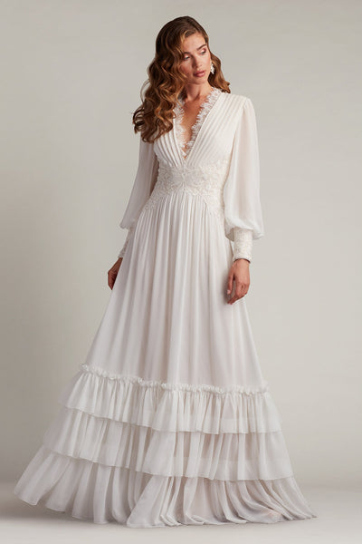 TADASHI SHOJI ロングドレス Topanga Tiered Bishop Sleeve Gown – Tadashi Shoji Official Online