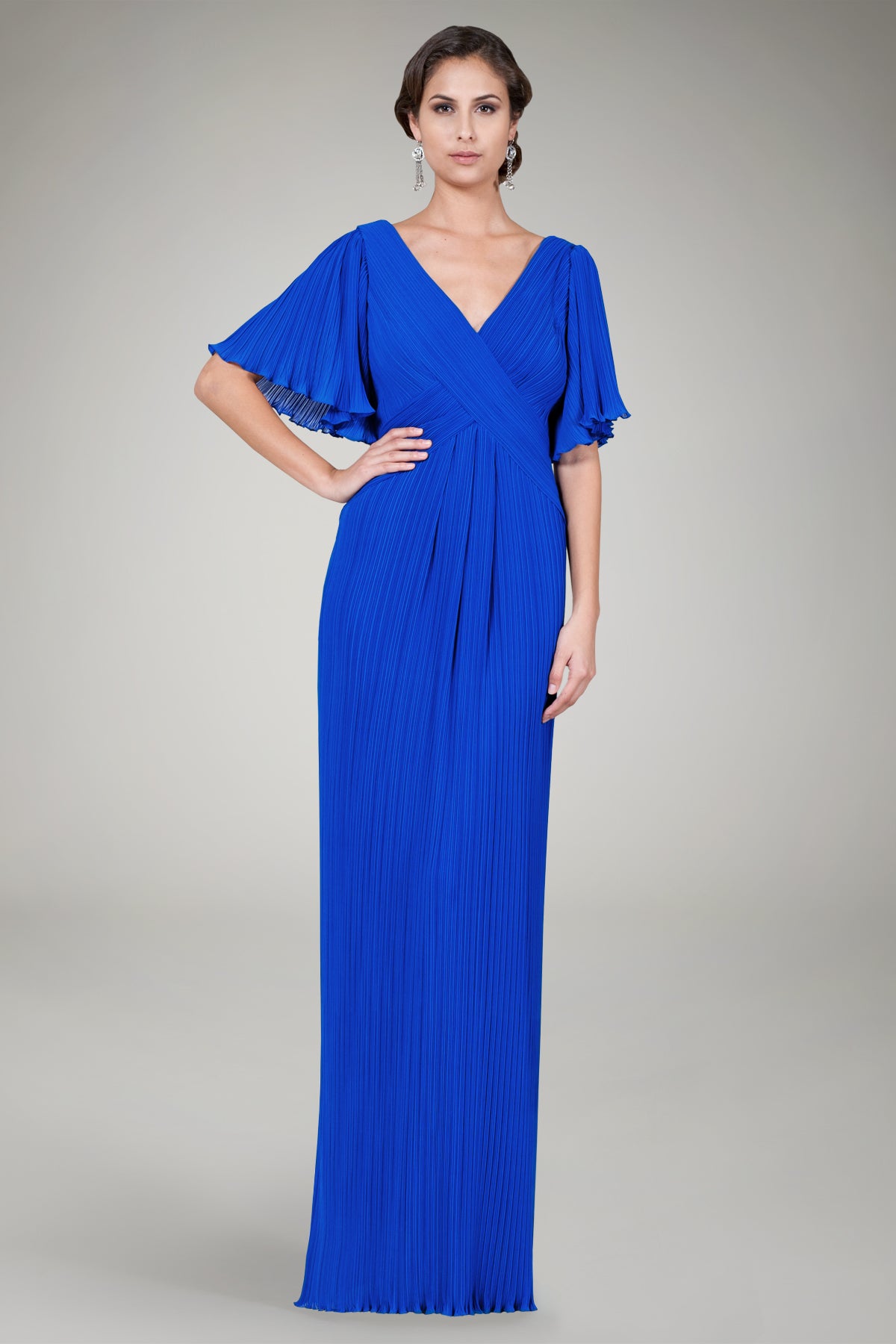 Pleated Chiffon Gown in Blue Iris