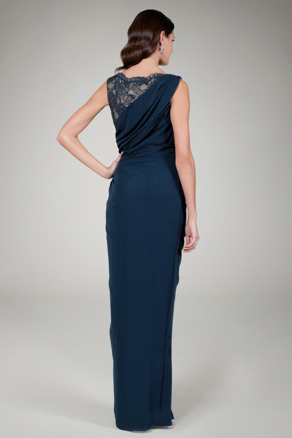 Chiffon and Lace Draped Gown in Navy / Nude