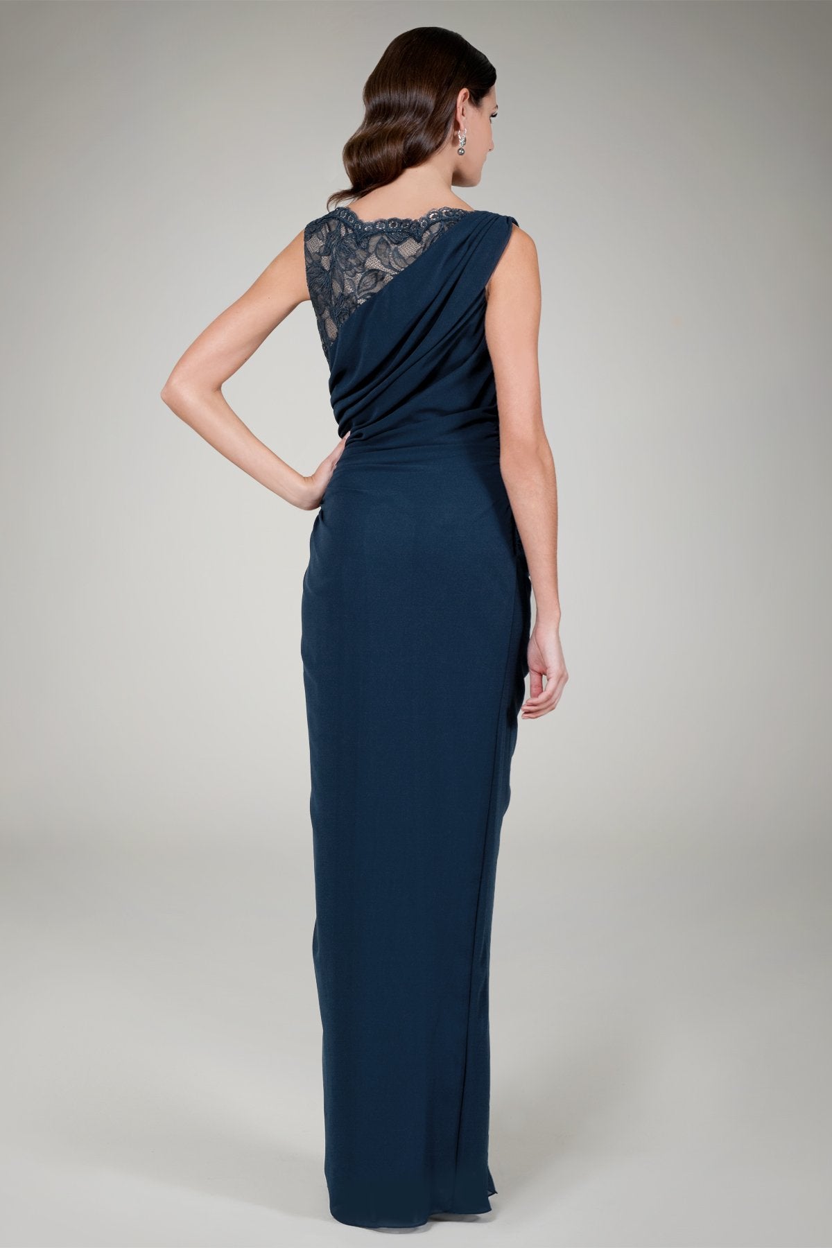 Chiffon and Lace Draped Gown in Navy / Nude