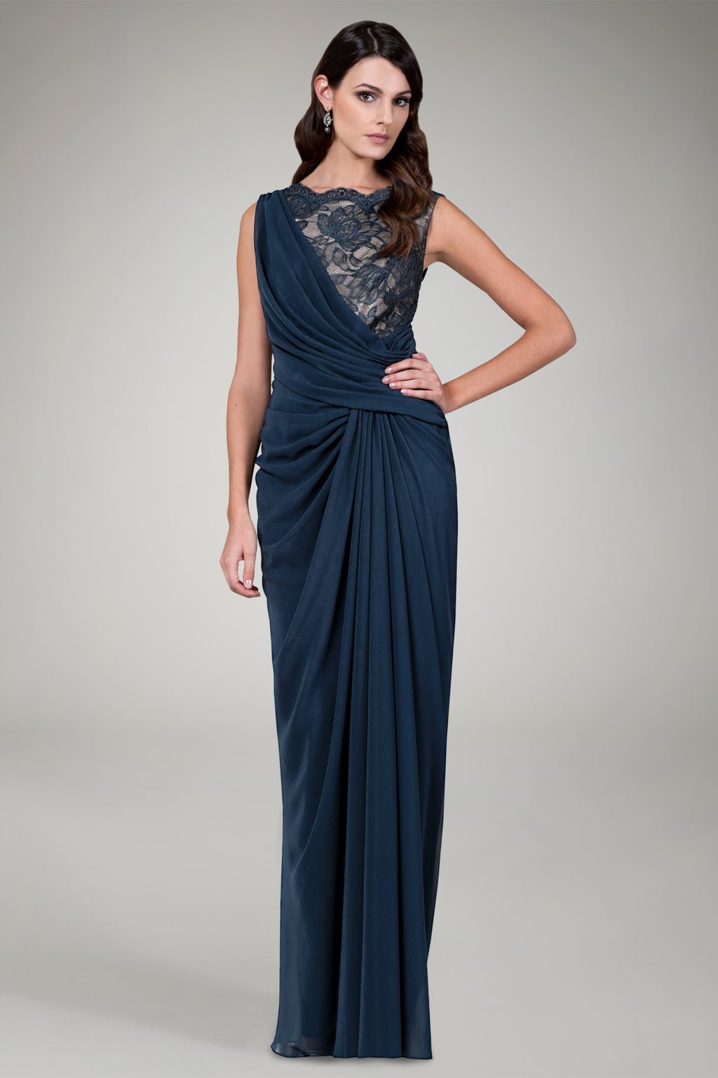 Chiffon and Lace Draped Gown in Navy / Nude