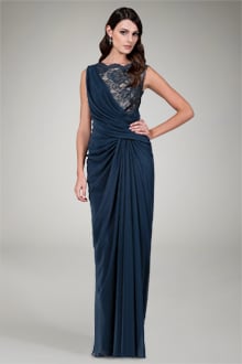Chiffon and Lace Draped Gown in Navy / Nude