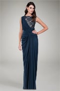 Chiffon and Lace Draped Gown in Navy / Nude