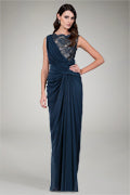 Chiffon and Lace Draped Gown in Navy / Nude