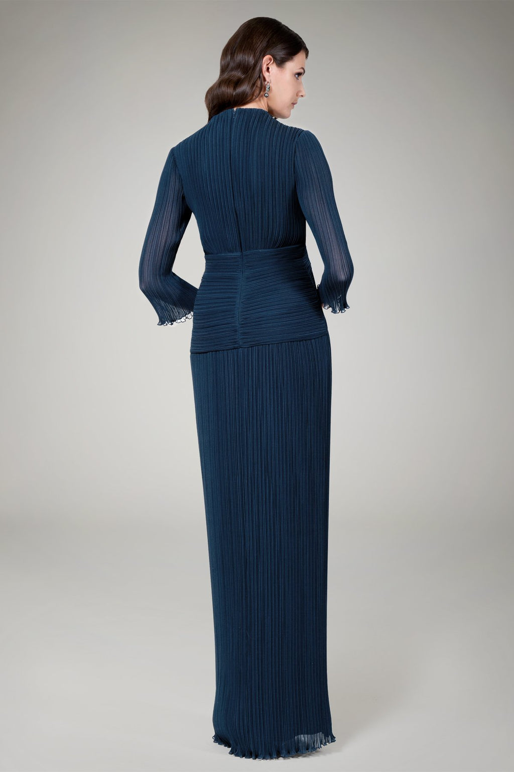 Pleated Chiffon Illusion Sleeve Gown in Navy