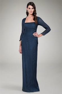 Pleated Chiffon Illusion Sleeve Gown in Navy