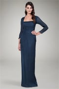 Pleated Chiffon Illusion Sleeve Gown in Navy