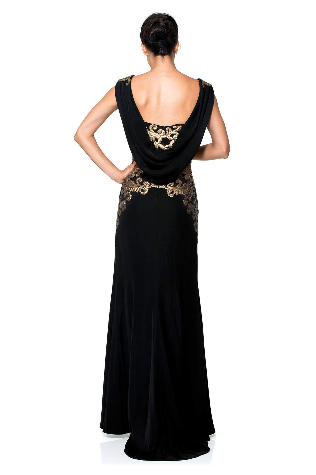 Crepe Draped Open Back Gown with Metallic Paillette Detail