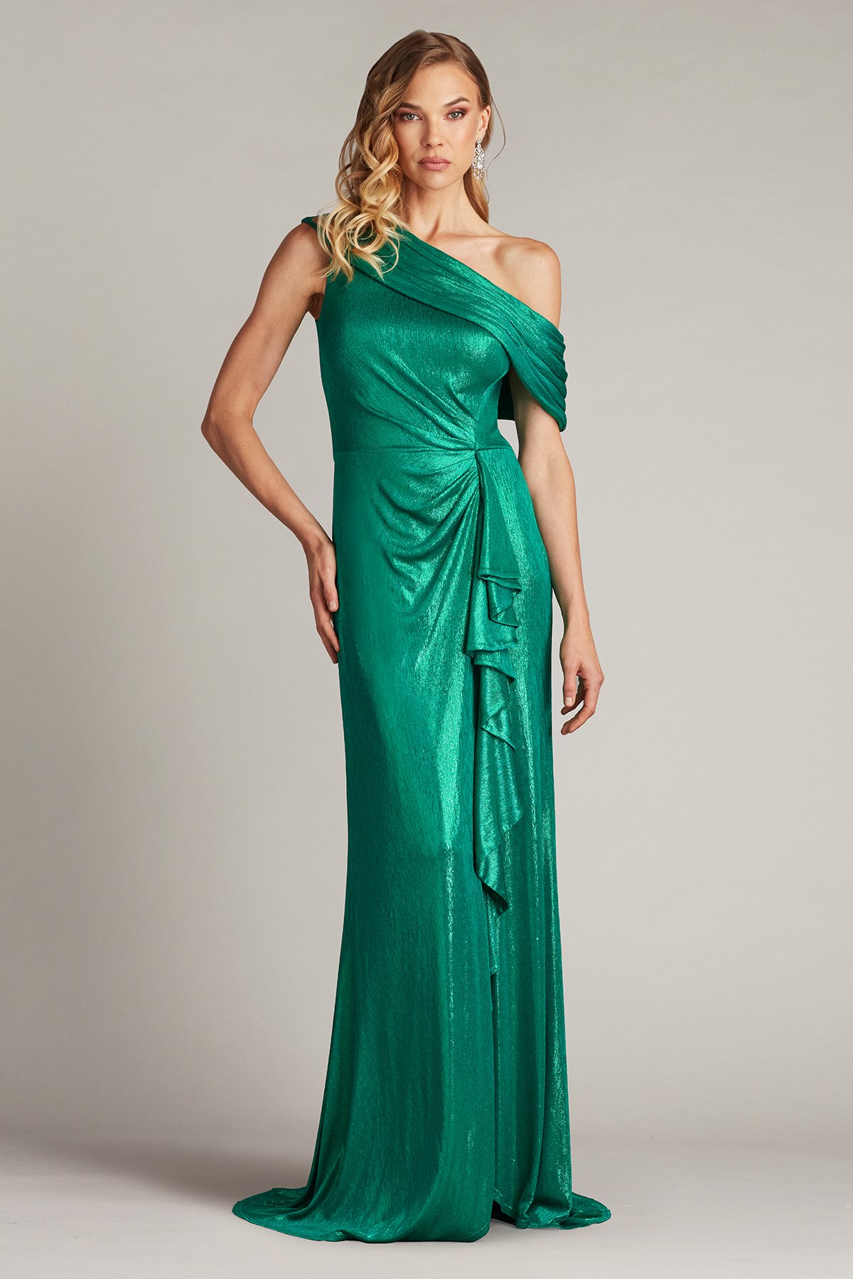 Tadashi Shoji Boise Metallic Waterfall Flounce Gown In Green