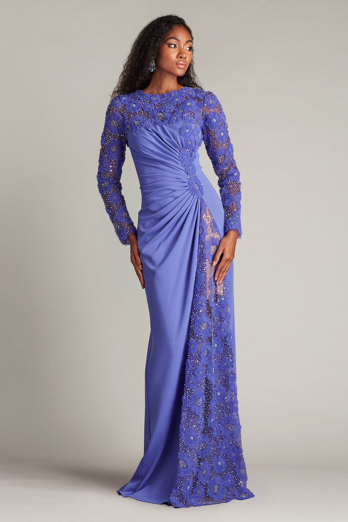 Tadashi Shoji Sequin Floral Embellished Long Sleeve Gown In Purple