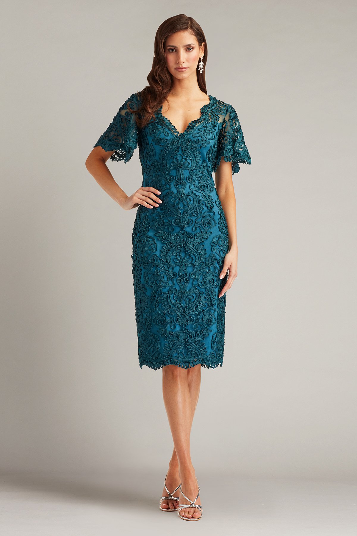 Tadashi Shoji Arnett Embroidered Flutter Sleeve Dress In Blue
