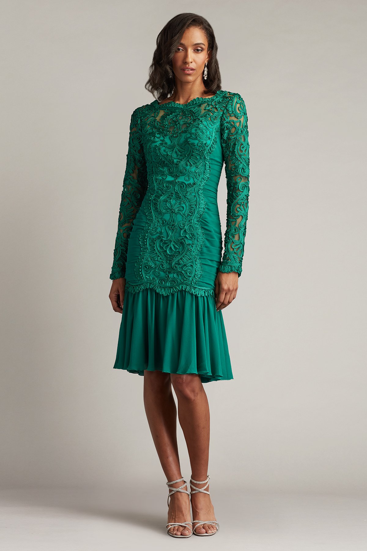 Tadashi Shoji Scroll Soutache Long Sleeve Cocktail Dress In Green