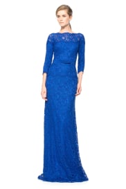 Illusion Lace ¾ Sleeve Gown with Grosgrain Ribbon Belt | Tadashi Shoji