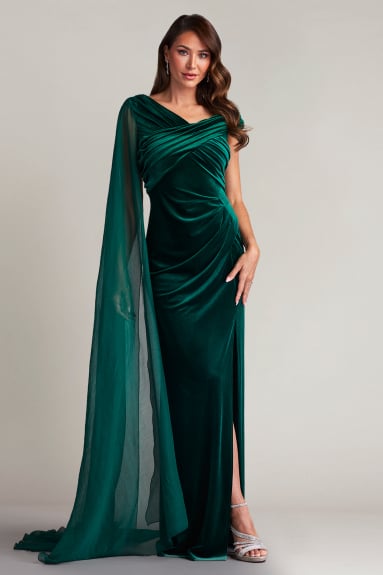 Alora Cape-Sleeve Velvet Gown
