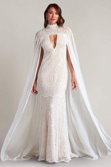 Tadashi Shoji - Caspian Chiffon Cape Lace Gown