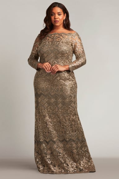 Eve Long-Sleeve Sequin Embroidered Gown - PLUS SIZE