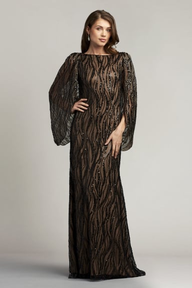 Barrow Draped Cape Sequin Gown